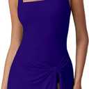 QINSEN Square Neck Swim Dress for Women Tummy Control One Piece Swimsuit Wrap Bathing Suit, L