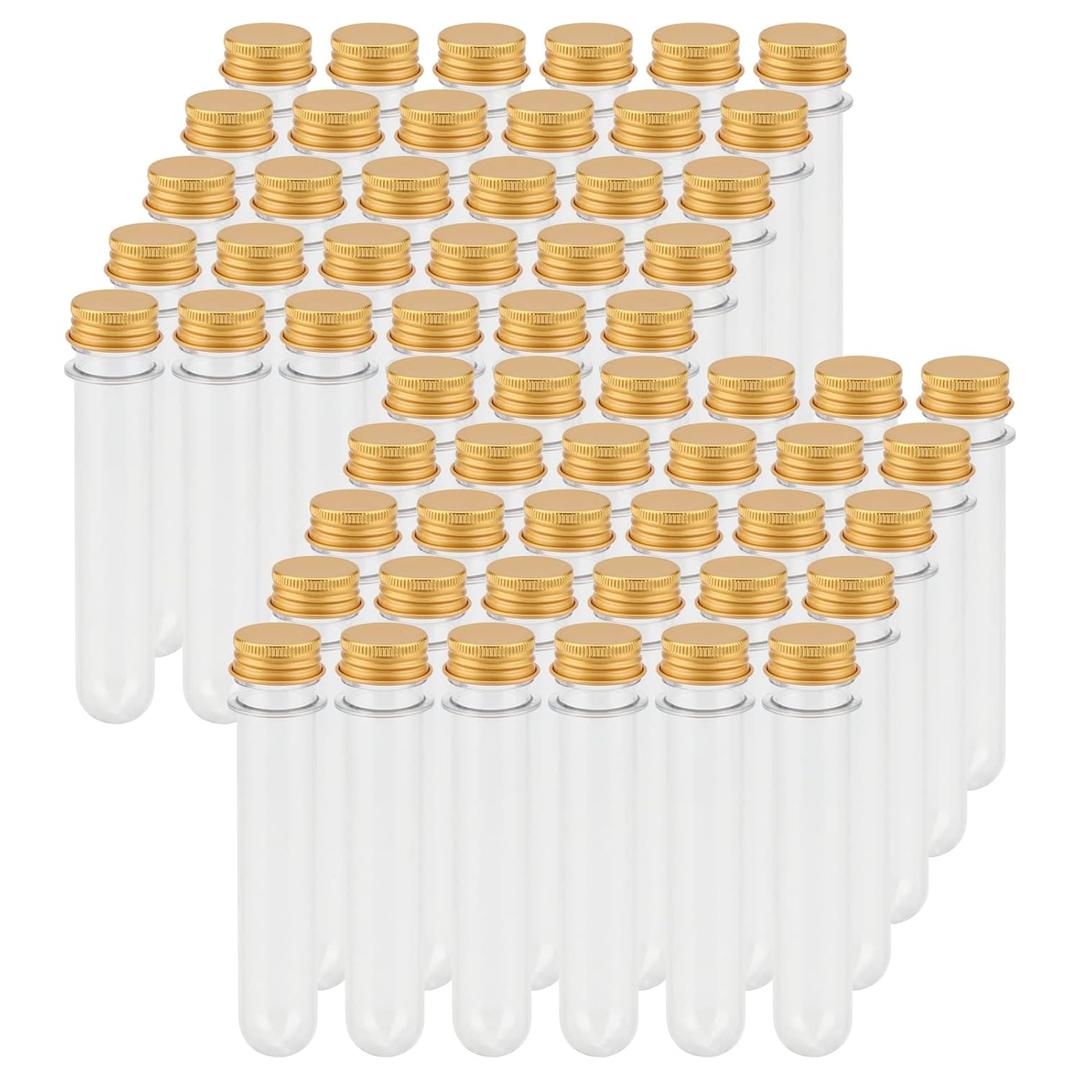 LEXININ 60 PCS 40ml Clear Plastic Test Tubes with Lid, Gold Screw Caps for Craft Wedding Decor