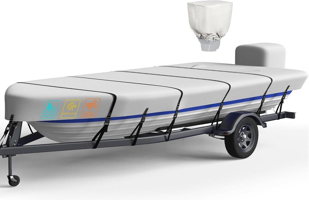 Heavy Duty 5 Layers 1200D Jon Boat Cover 12ft - 14 ft with Motor Cover, 100% Waterproof Trailerable Jon Boat Covers 12-14 Foot with 9+4 Pcs Windproof Straps (12'-14' Long, Beam Width to 70", gray)