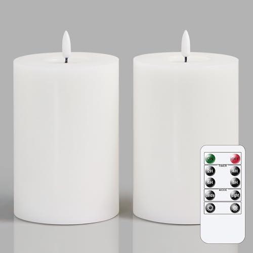 Zevanor Flameless Flickering 4" x6" Real Wax White Remote Candles with Candle Grease, Pack of 2 Timer LED Battery Operated Fake Warm Light Pillar Candles for Home, Banquet, Ceremony Decoration