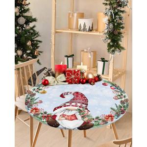 Christmas Red Dwarf Round Table Cloth Fitted Tablecloth,Blue Gradient Table Cover with Elastic Edge Waterproof Table Cloth,Xmas Gift Wreath Circle Table Covers for Kitchen Indoor Outdoor 45-54in