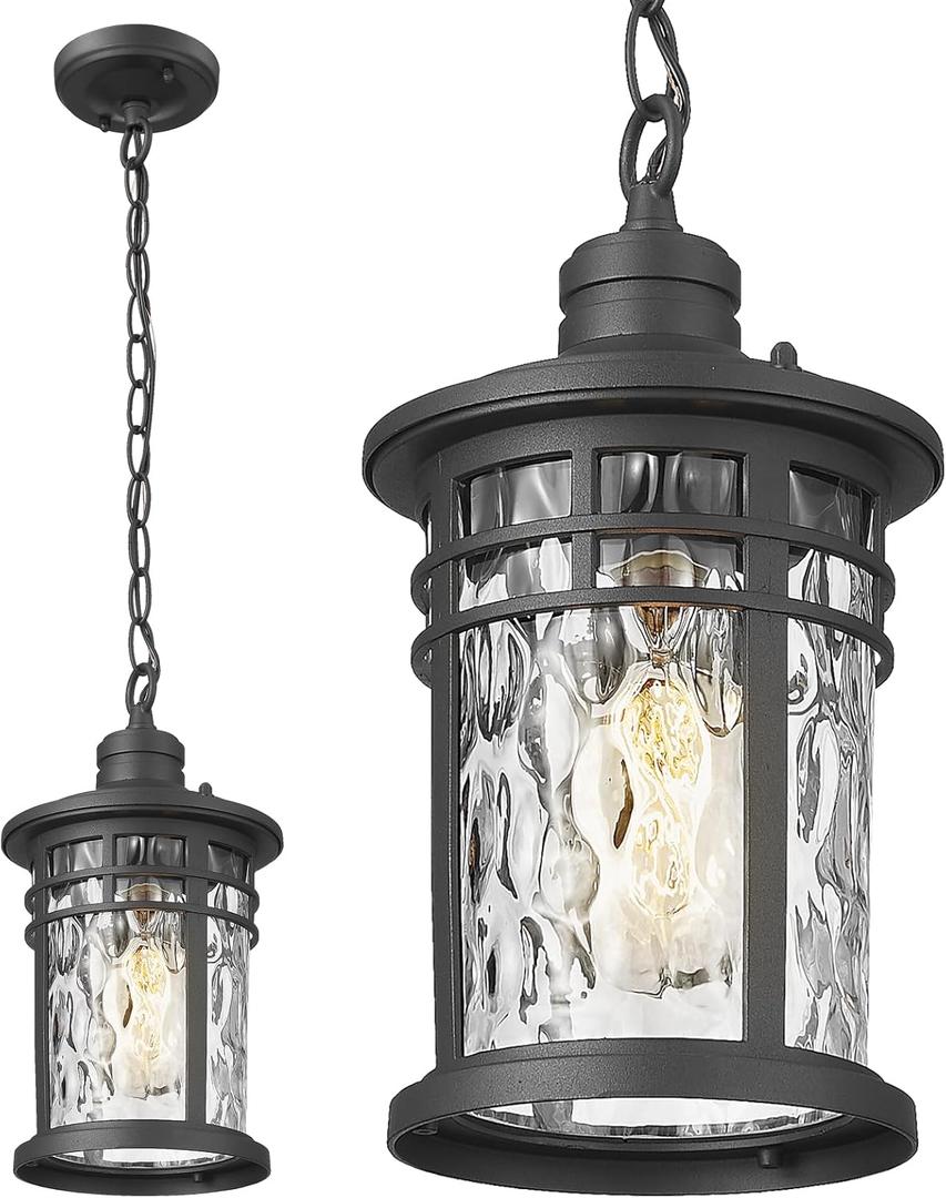 Darkaway Outdoor Pendant Lights for Porch, Outdoor Chandelier Hanging Porch Lights Outside Ceiling Mount Aluminum with Water Ripple Glass for House Gazebo Patio (Medium Size)