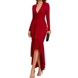 GLNEGE Long Sleeve Fall Wedding Guest Formal Dresses V Neck Ruffles Ruched Cocktail Bodycon Midi Dress for Women Wine (Red, S)