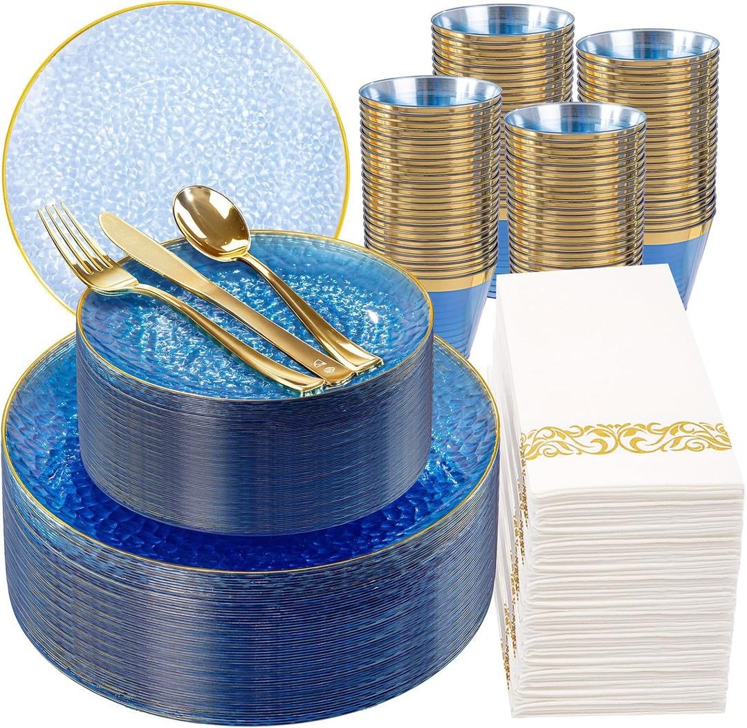 Rubtlamp 350 Pcs Clear Blue Plastic Plates, Blue Gold Plastic Dinnerware Set (50 Guests), Blue Disposable Plates With Gold Rim, Hammered Party Plates Set for Wedding And Party