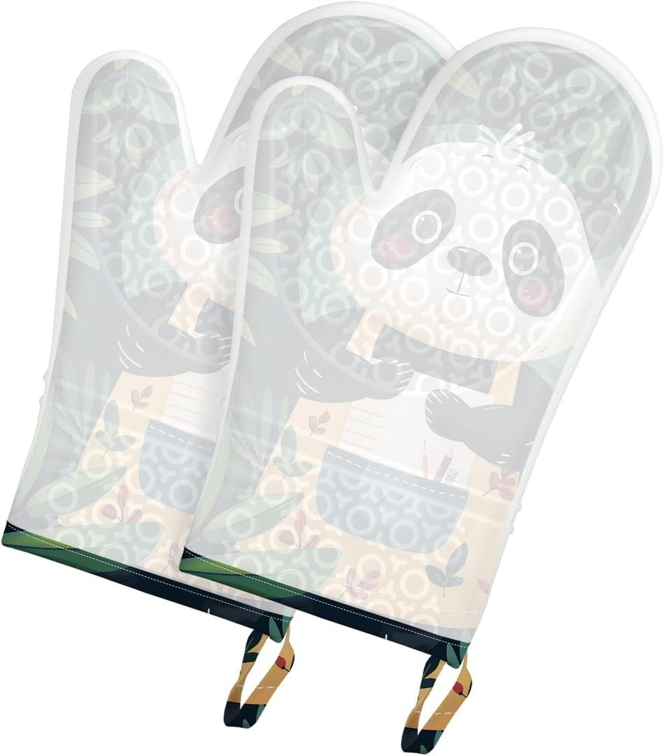 ANNA QUEEN Oven Mitts Set of 2 with Clear Silicone Shell and Panda Print Cotton Lining, Heat Resistant Kitchen Oven Gloves Pot Holders