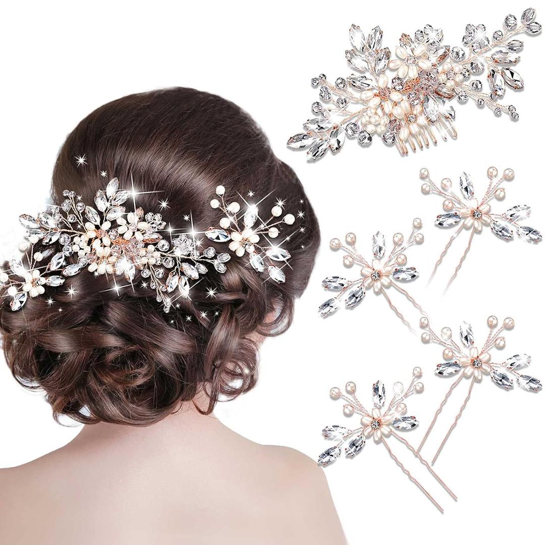 5 Pieces Wedding Hair Comb Bridal Pins Crystal Pearl Wedding Hair Accessories Rhinestone Flower Piece for Bride Bridesmaids Women(Rose Gold)