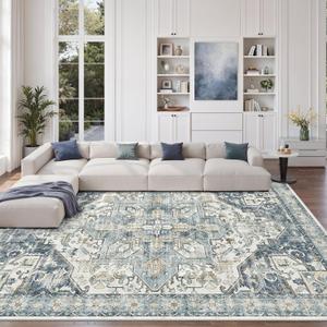 zesthome 8x10 Area Rugs-Washable Rug for Living Room, Non-Slip Backing Rugs, Stain Resistant 8x10 Rug for Bedroom, Ultra-Thin Low Pile Rugs, Vintage Large Home Decor (Blue/Ivory)