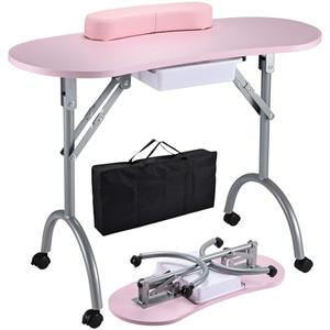Joligrace Professional Foldable & Portable Manicure Table Nail Technician Desk Workstation 4 Lockable Wheels with Drawer Client Wrist Pad Free Carrying Bag Travel Nail Tech Spa Beauty Table Pink