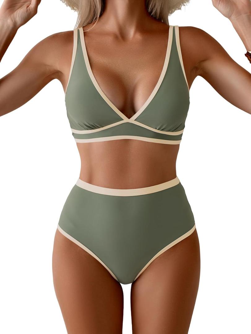 Women's High Waisted Bikini Sets Two Piece Color Block Triangle Swimsuits Sexy V Neck Bathing Suits (Army Green, White, Small)