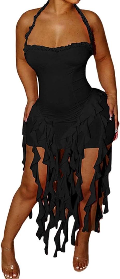 Women's Sexy Halter Neck Tassels Ruffle Backless Bodycon Mini Dress Sleeveless Backless Hem Party Short Dresses (Large, Black)