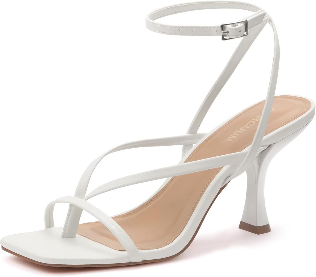 Carcuume Womens Kitten Heels Square Toe Thong Strappy Ankle Strap Stiletto Heel Sandals (8, White)