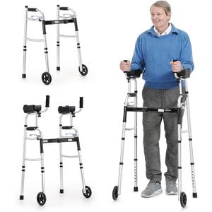 OasisSpace Folding Walker - Standard Walker with 5 Wheels and Removable Padded Armrests 300lbs, Platform Walker with Arm Support for Senior, Handicap & Disabled