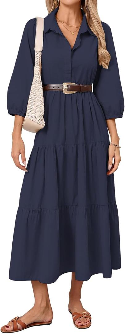 Women Button Down Maxi Shirt Dress Long Sleeve Flowy Tiered Collared Dresses with Pockets (Black, S-M)