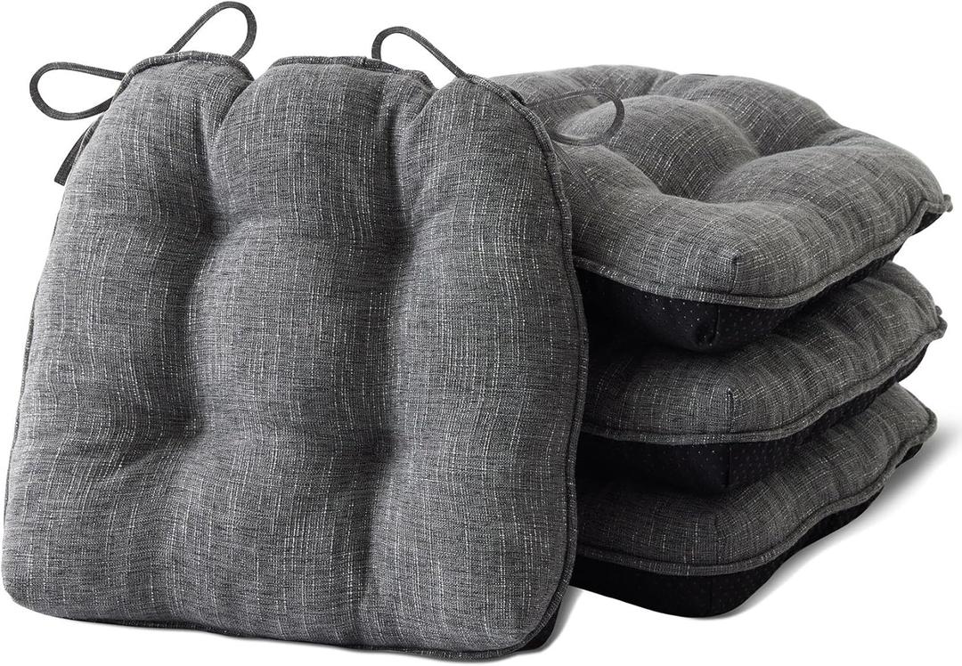 Chair Cushions for Dining Chairs Set of 4, Kitchen Chair Cushions, Chair Pads with Ties and Non Slip Backing, Tufted Memory Foam Seat Cushion 4 Pack, 15.5" x 15.5" x 4", Dark Grey (4 Pack (15.5x15.5))