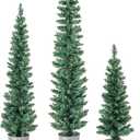 Goplus Set of 3 Artificial Christmas Tree, 3' 4' 5' Slim Pencil Xmas Tree with Silver Metal Buckets, Faux Potted Christmas Trees for Front Porch Entrance Indoor Festive Holiday Party Office Home Decor