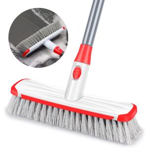 Floor Scrub Brush with Long Handle, Scrubbing Brush Squeegee Broom for Cleaning, 2 in1 Stiff Bristle Shower Scrubber Floor Squeegee for Pool Wall Tile(White)