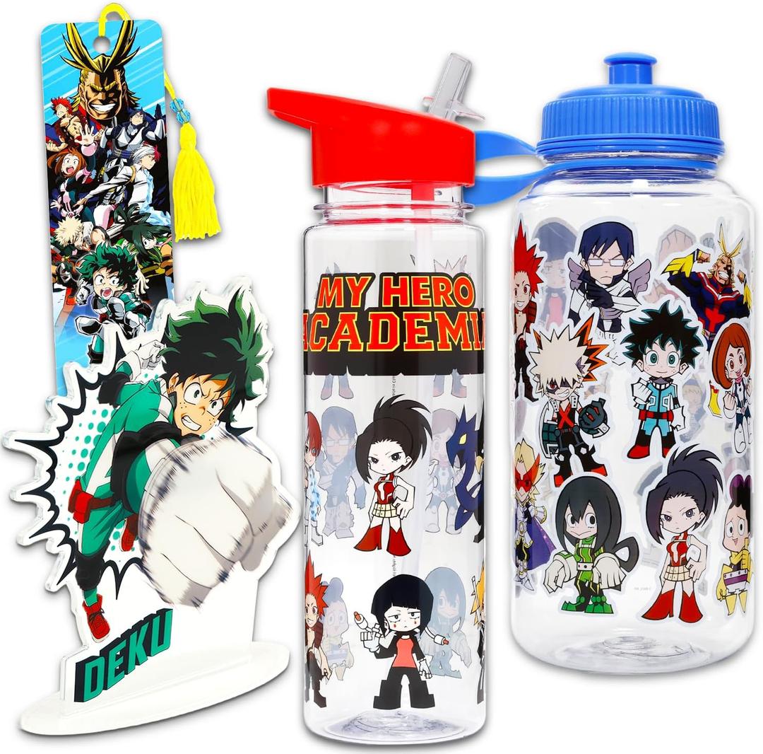 My Hero Academia Water Bottles for Adults - Bundle with 18 Oz Water Container with Straw and Sports Pull-Top Bottle Plus More | Anime Merchandise