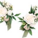 Ling's Moment 2pcs Wedding Shoulder Corsage Artificial Flowers, Girl/Mother Homecoming/Prom Corsages Wristlet Dcor, etc. White Ivory Greenery