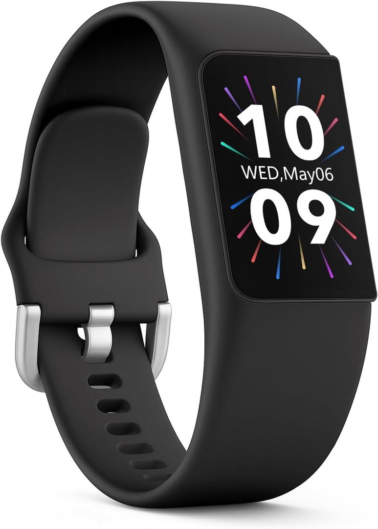 FITVII Slim Fitness Trackers, Fitness Watch with 24/7 Heart Rate, Blood Pressure, Blood Oxygen, Stress Monitor, AMOLED Activity Tracker Step Calorie Counter, IP68 Waterproof Smart Watch for Women Men (1.01, Black)