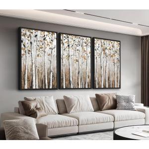 Large Framed Tree Wall Art - Abstract Forest Wall Decor 16"x24" Set of 3 Aesthetic Autumn Birch Painting Prints Modern Brown Plant Canvas Pictures for Living Room Bedroom Office Artwork, 16"x24"x3 Framed