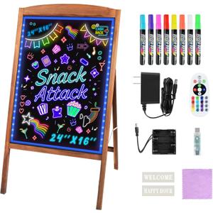 Hosim LED Message Writing Board 24"x16", Standing A-Frame Wooden LED Message Board Illuminated Erasable Neon Menu Sign, 8 Colors Markers & 16 Lighting Colors Flashing DIY Chalkboard Drawing Board