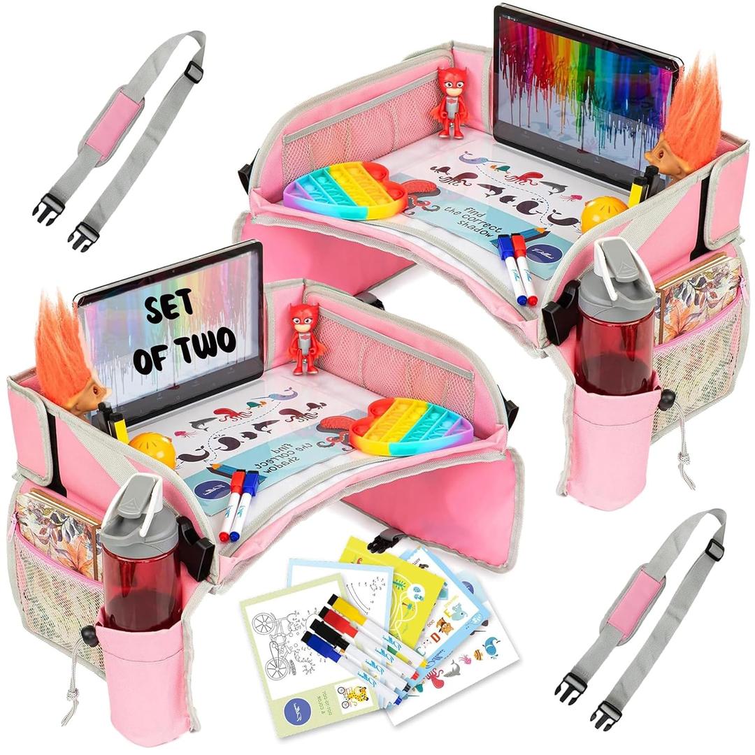 PILLANI Kids Travel Tray for Car Seat - Carseat Tray w/ iPad Holder & Dry Erase Board, Road Trip Activities - Toddler Lap Desk Organizer for Airplane - Roadtrip & Travel Essentials - Pack of 2, Pink