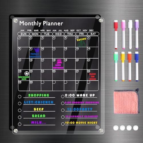 EIiovcnya Large Acrylic Magnetic Fridge Calendar, Clear Dry Erase Board Calendar for Refrigerator, 16" x 12" 2-in-1 Monthly Weekly Planner for To-Do/Grocery List, with 8 Color Markers and Towel, Great Gift for Home & Office