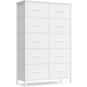 SONGMICS Dresser for Bedroom, Chest of Drawers, Steel, MDF, 10 Non-Woven Fabric Drawers, Storage Organizer Unit, Closet, Entryway, Cloud White and Snow White ULGS125W01S