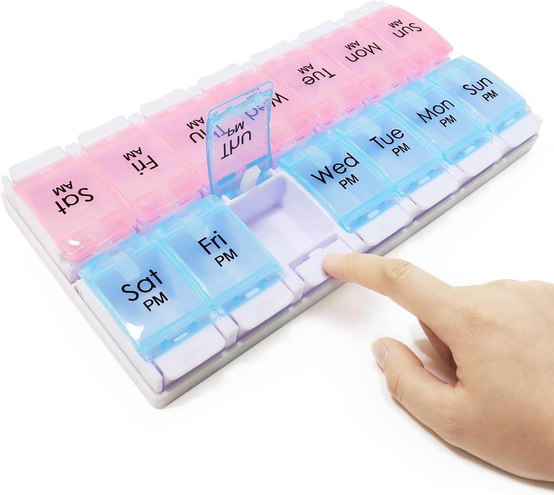 MOLN HYMY Weekly Pill Boxes and Organizer 2 Times a Day, 7 Day AM PM Pill Case Two Week, 14 Large Compartments Pill Dispenser to Hold Medication, Vitamins (Pink+Blue)