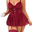 OYOANGLE Women's Plus Size Garter Lingerie Set Polka Dots Cut Out Underwire Chemise Nightgown with Stocking (4X-Large Plus, Burgundy)