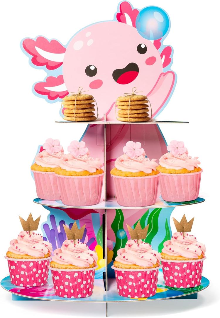 ANGOLIO 3 Tiers Axolotl Cupcake Stand Pink Cute Axolotl Birthday Party Cardboard Cupcake Holder Decorations Cartoon Animal Party Dessert Tower Pink Birthday Supplies for Kids