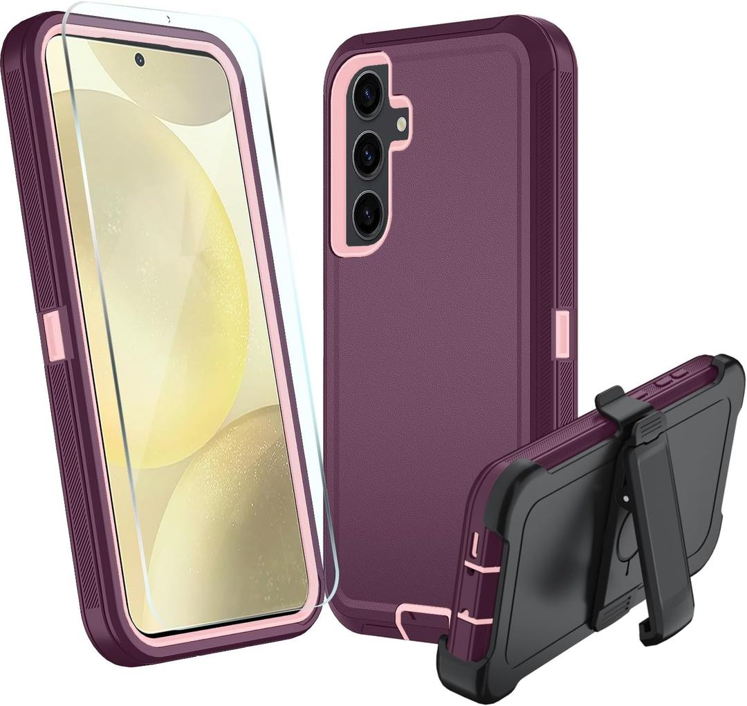 for Samsung Galaxy S24 FE 5G Case, S24 FE Heavy Duty case, [Belt Clip Holster] [Glass Screen Protector] [Military Grade Protective ] [Shockproof] [Dropproof] [Dust-Proof] (WineRed)