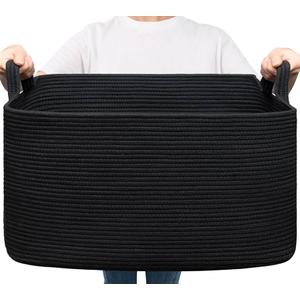Goodpick Large Blanket Basket Living Room, 21.6" x 14.9" x 11.8" Woven Storage Basket for Blankets, Toys, Rectangle Rope Dirty Clothes Baskets for Nursery, Bedroom, Black