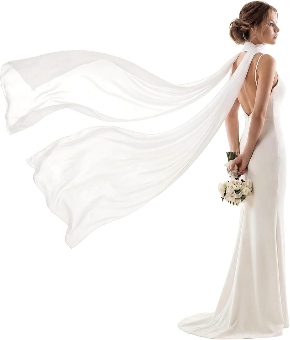Mepase Bridal Neck Scarf 90''/118''/157'' Wedding Chiffon White Shawl Tulle Bride Neck Shawl for Wedding Evening Ceremony (White)
