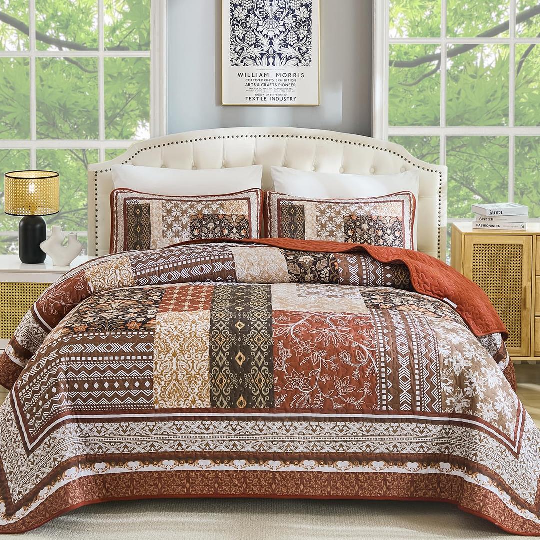 WONGS BEDDING Quilt Set King Size,Orange and Brown Bohemian Patchwork Bedspread Coverlet Set, Reversible Farmhouse Floral Pattern Bedspreads Bedding Set for All Seasons (104"x90")
