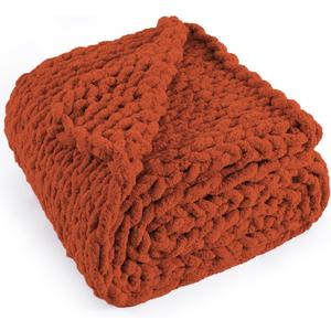Chunky Knit Throw Blanket 50"X 60", 100% Handmade with Soft Chenille Yarn, 4.4lbs Thick Cable Knitted Blankets, Large Rope Knot Crochet Throws for Couch Sofa Bed Home Decor, Rust