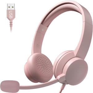 Wired Headphones with Mic USB Headset with Noise Cancelling Microphone, Computer Headsets with Microphone for Home Office (Pink)