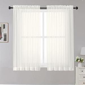 OWENIE Sheer Curtains Ivory, 45" Long Light Filtering Tiers for Kitchen, Bedroom, Short Panels Rod Pocket 2 Panels, Cafe Curtains Small Window, 42" W x 45" L