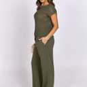 ANRABESS Women Two Piece Outfits Crochet Sheer Knit Sweater Top Wide Leg Pants Lounge Matching Sets Sweatsuit Travel Clothes (Green, L)