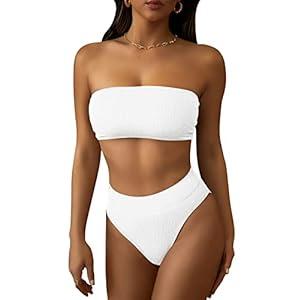 Pink Queen Women's High Waisted Bikini Set 2 Piece Ribbed High Cut Bandeau Swimsuit Bathing Suit White XL