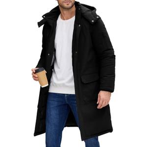 Men's Winter Long Puffer Jackets, Water-Repellent Down Parka Warm Coats Outerwear with Detachable Hood & Carry Straps (Large, Black)