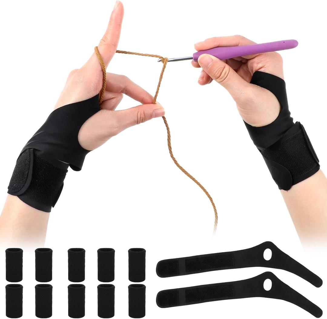 Qianyu 2 Pack Ergonomic Crochet Hooks Gloves and 10 Pack Finger Sleeves Crochet Hook Grips Wrist Supports Crochets Supplies Comfortable Accessories for Knitting Crochets Lover