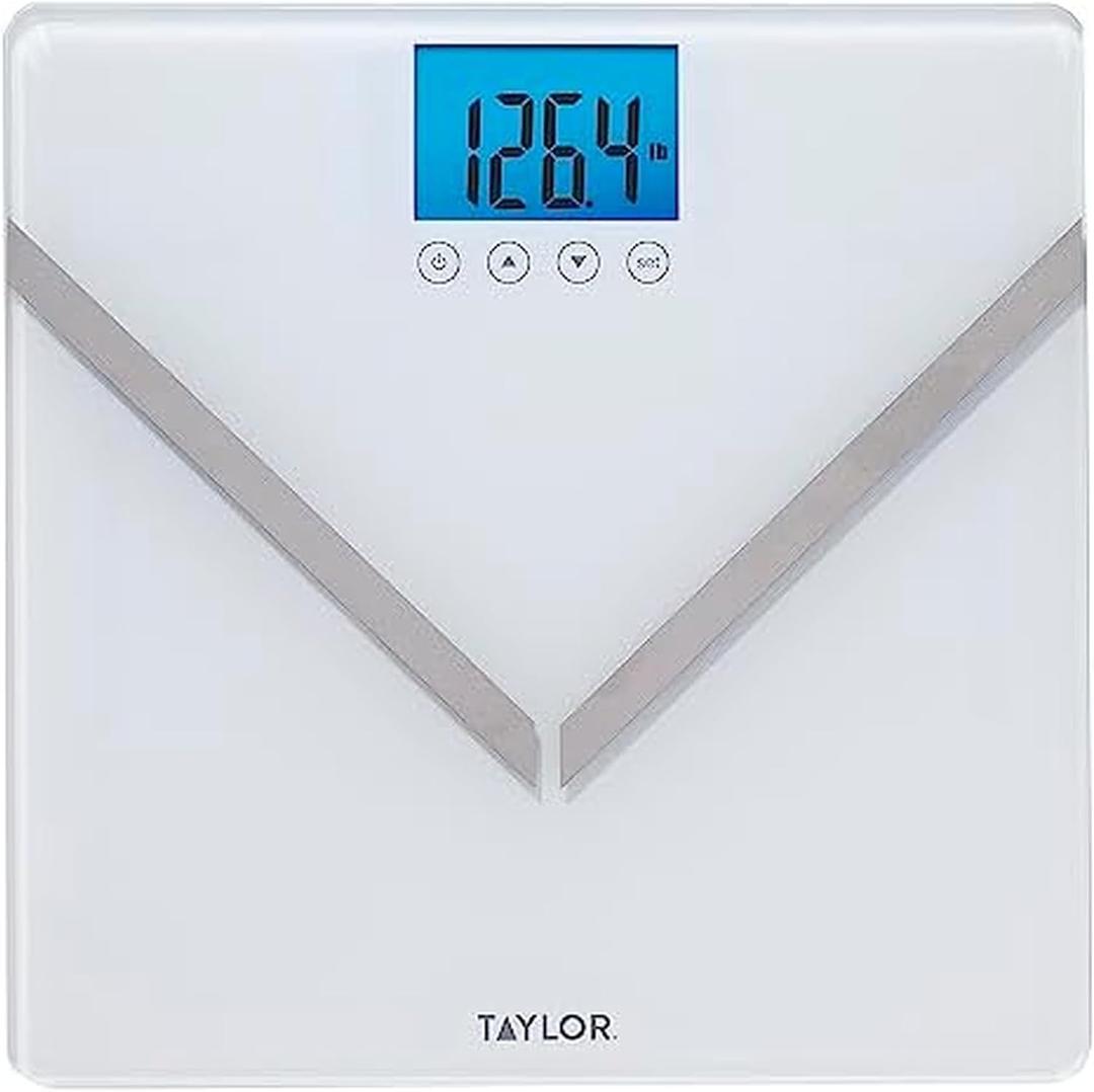 Taylor Digital Glass Body Composition Scale, Bathroom Scale for Body Weight, Measures Body Fat, Body Water, and Muscle Mass Percentages, 8 User Recognition, FSA HSA Eligible, 440 lb Capacity, White