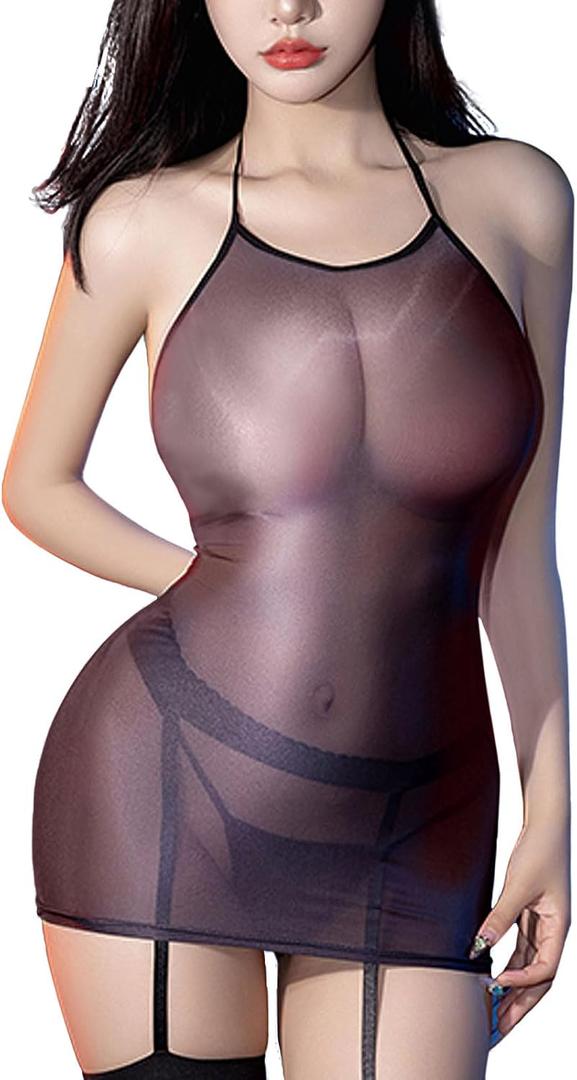 Sexy Bodystocking Lingerie for Women Sheer One Piece Bodysuit Dress Backless Strappy Adjustable Nightdress