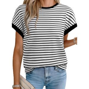 Acelitt Womens Short Sleeve Knit Tops 2025 Trendy Crewneck Striped T Shirts Casual Summer Blouses Outfits (Medium, Black)