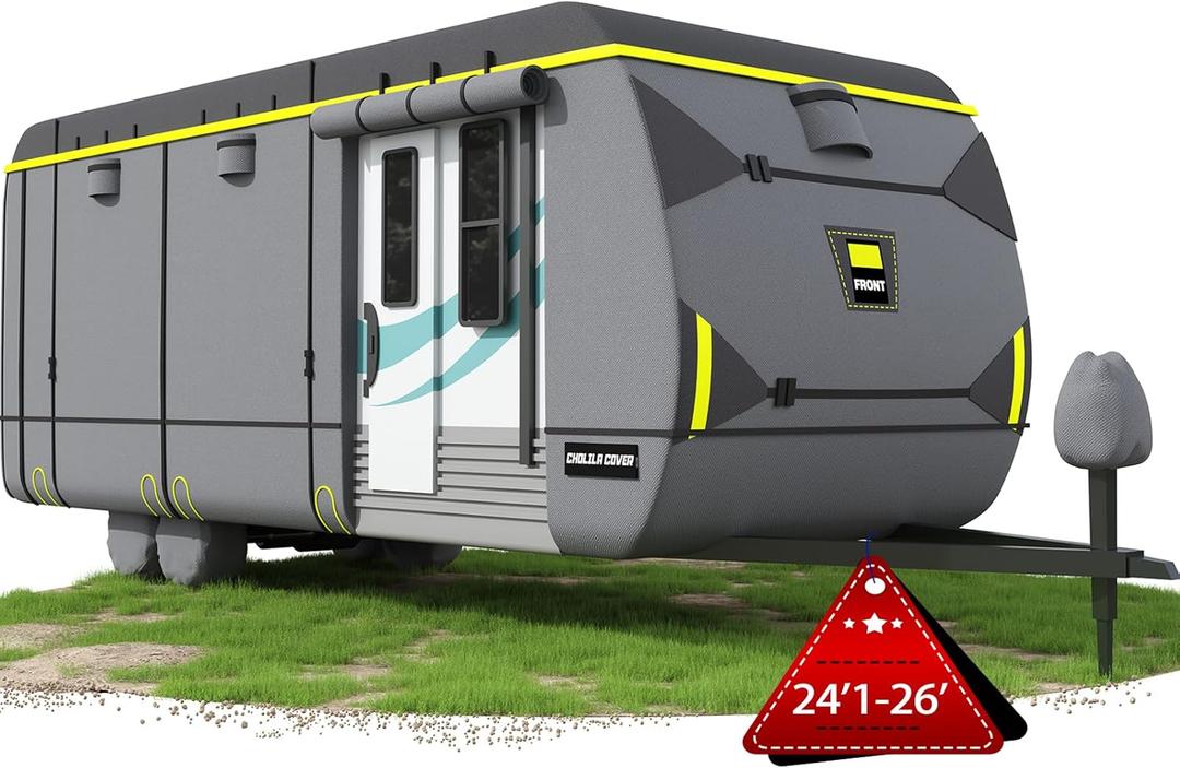 Travel Trailer Cover - Fit 24'-26' Toy Hauler & RV Camper Cover, Heavy Duty 600D Waterproof Motorhome Cover with Tongue Jack Protection, Windproof Straps, Anti-UV, Smoke Gray