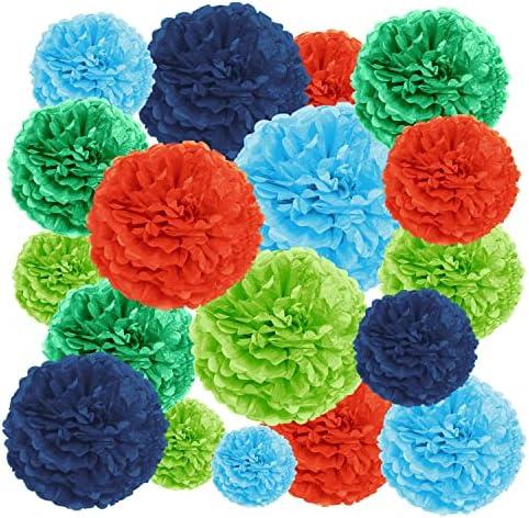 EpiqueOne 20-Piece Tissue Paper Pom Poms Party Decorations Kit - Orange, Blue, Teal, Green & Light Green | Different Sizes - 6", 8", 10", 12" & 14" | Ideal for Birthdays, Bridal or Baby Showers & More, Pack Of 5