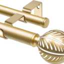 KAMANINA 1 Inch Wood Double Curtain Rods for Windows 72 to 144 Inches (6-12 Feet), Long Heavy Duty Decorative Curtain Rod, Boho Wooden Drapery Rods with Leaf Pattern Finials, Gold