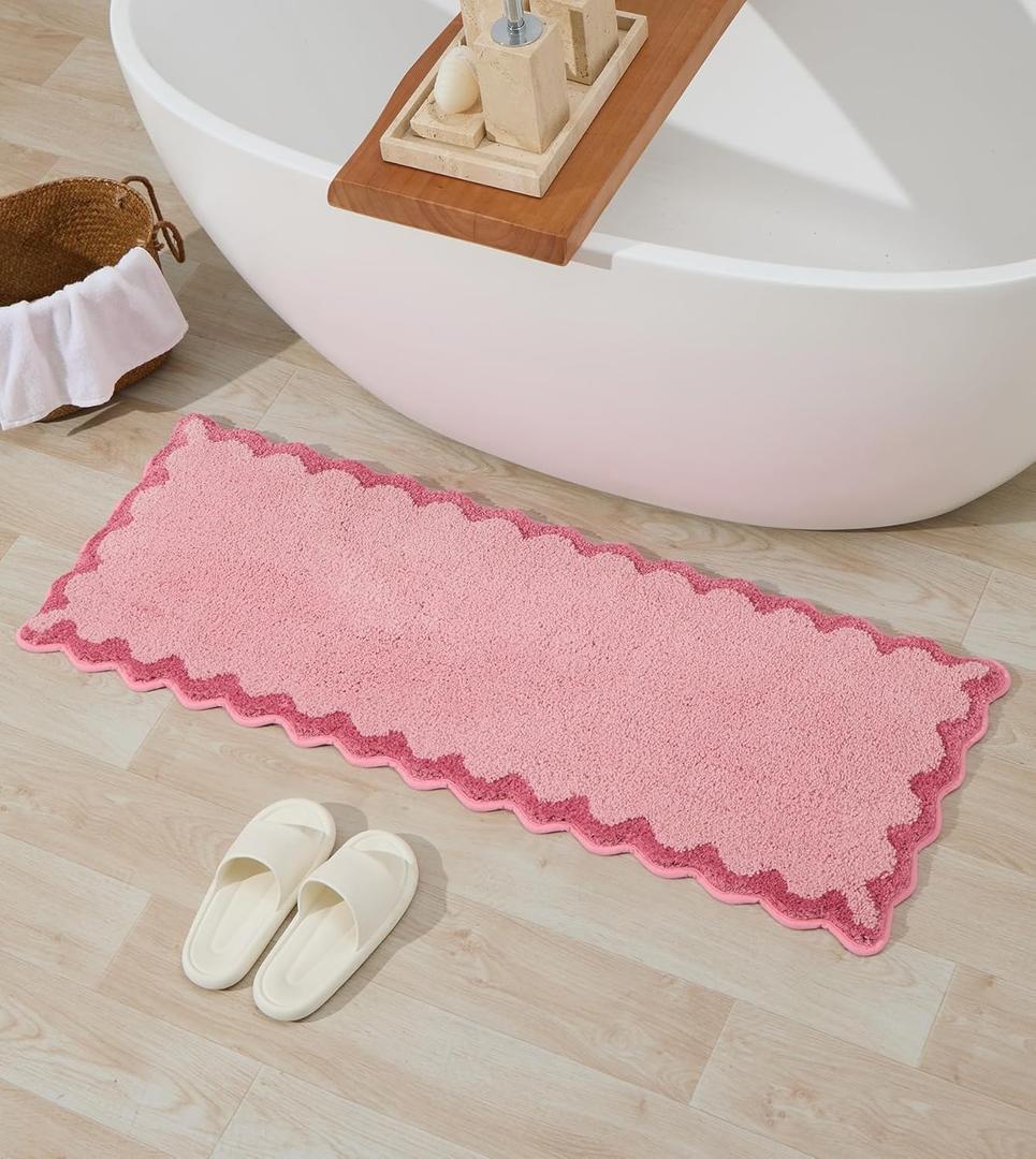 ORTIGIA Long Cute Scalloped Bathroom Rugs Runner, Fun Candy Pink Plush Microfiber Scallop Bath Mats Non Slip Washable Quick Dry Absorbent, Rug Carpet for Bathtub Sink Laundry Room Bedroom, 17x47 (1'5" x 3'11" (Rectangular))