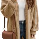 Saodimallsu Womens Fall Cable Long Cardigans Lantern Sleeve Knit Open Front Chunky Loose Fit Sweater Coats, L